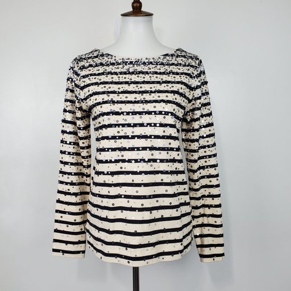 J. Crew Factory Black Tan Striped Sequin Confetti Pullover Knit Cotton Top Sz S - Picture 12 of 12